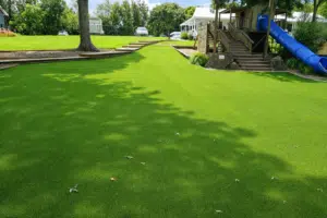 Bright, well‑maintained playground covered in vibrant artificial turf with a wooden play structure and blue slide under sunny skies in New Zealand.