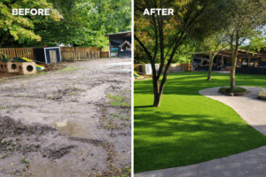 Before‑and‑after comparison of a playground transformation, showing a muddy, uneven surface replaced with bright green artificial turf and a clean, safe play area featuring slides and trees.