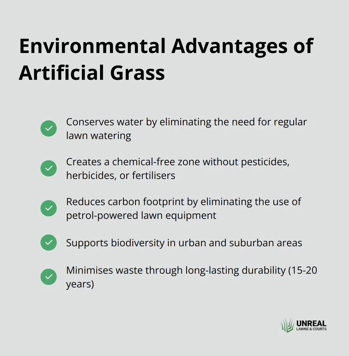 Artificial grass advantages Checkmark list showing environmental benefits of artificial grass, including water conservation, chemical-free maintenance, and reduced carbon footprint - artificial grass benefits