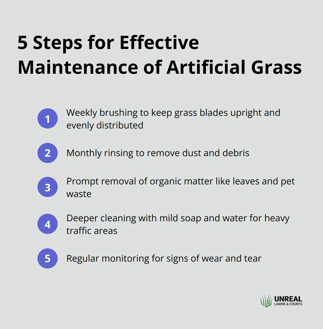 Ordered list of maintenance steps for artificial grass