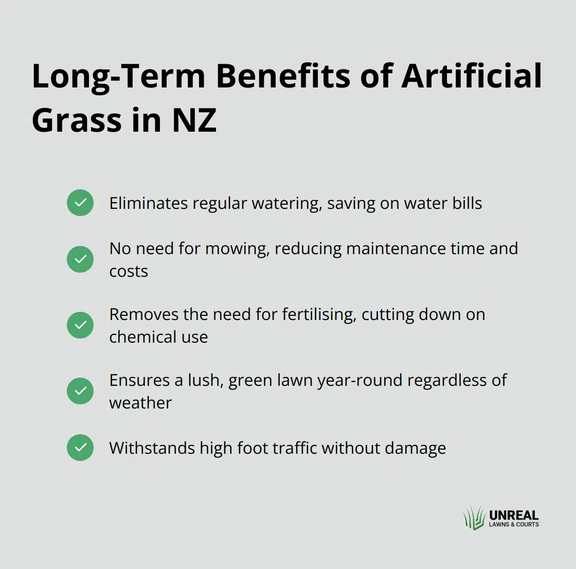 Checkmark list showing long-term benefits of artificial grass in New Zealand - artificial grass nz cost