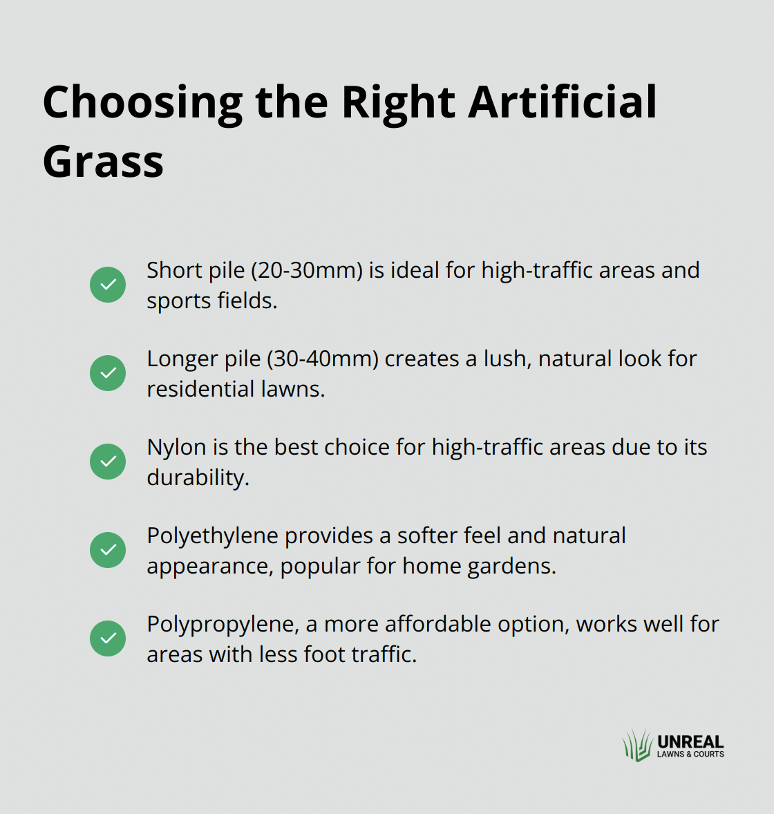 A checkmark list chart showing different types of artificial grass and their best uses, including short pile, longer pile, nylon, polyethylene, and polypropylene options. - artificial grass nz