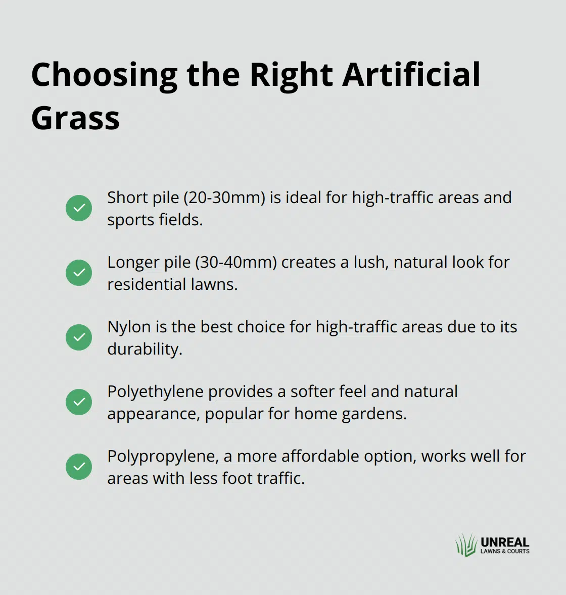 A checkmark list chart showing different types of artificial grass and their best uses, including short pile, longer pile, nylon, polyethylene, and polypropylene options. - artificial grass nz