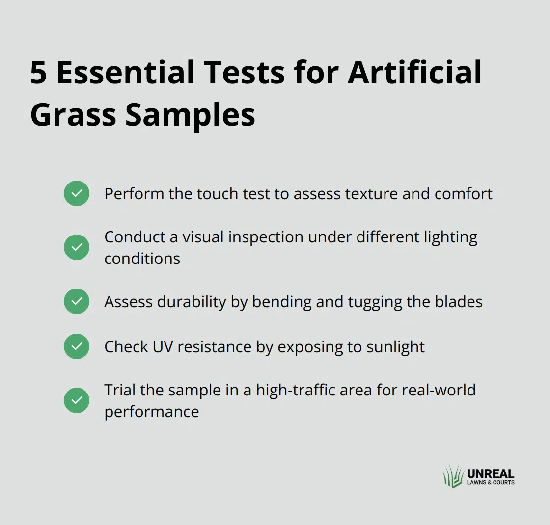 Artificial grass samples Checkmark list chart showing five methods for testing artificial grass samples