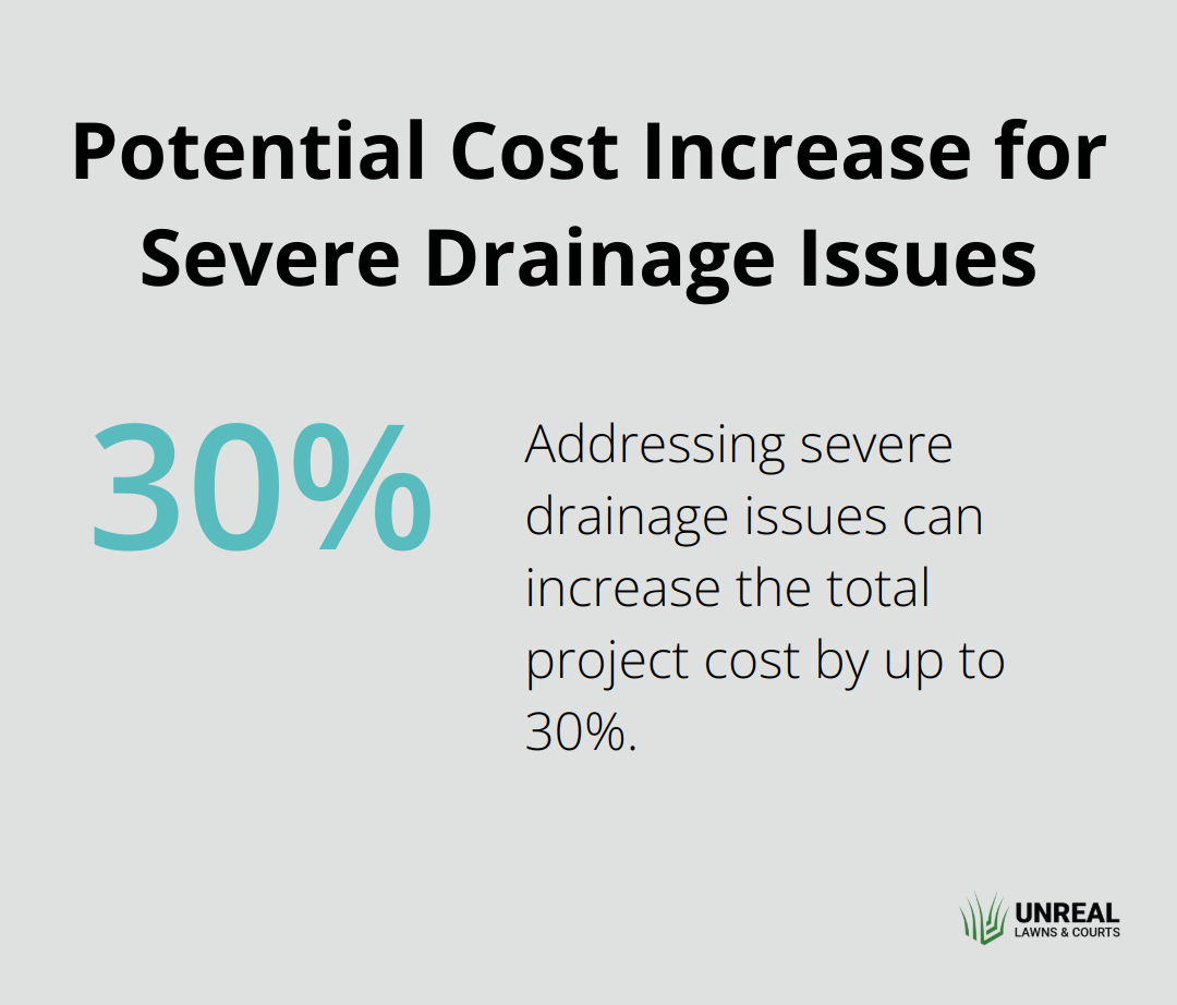 A percentage chart showing that addressing severe drainage problems can add up to 30% to the total project cost of artificial grass installation.