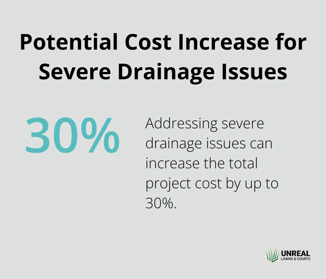 A percentage chart showing that addressing severe drainage problems can add up to 30% to the total project cost of artificial grass installation.