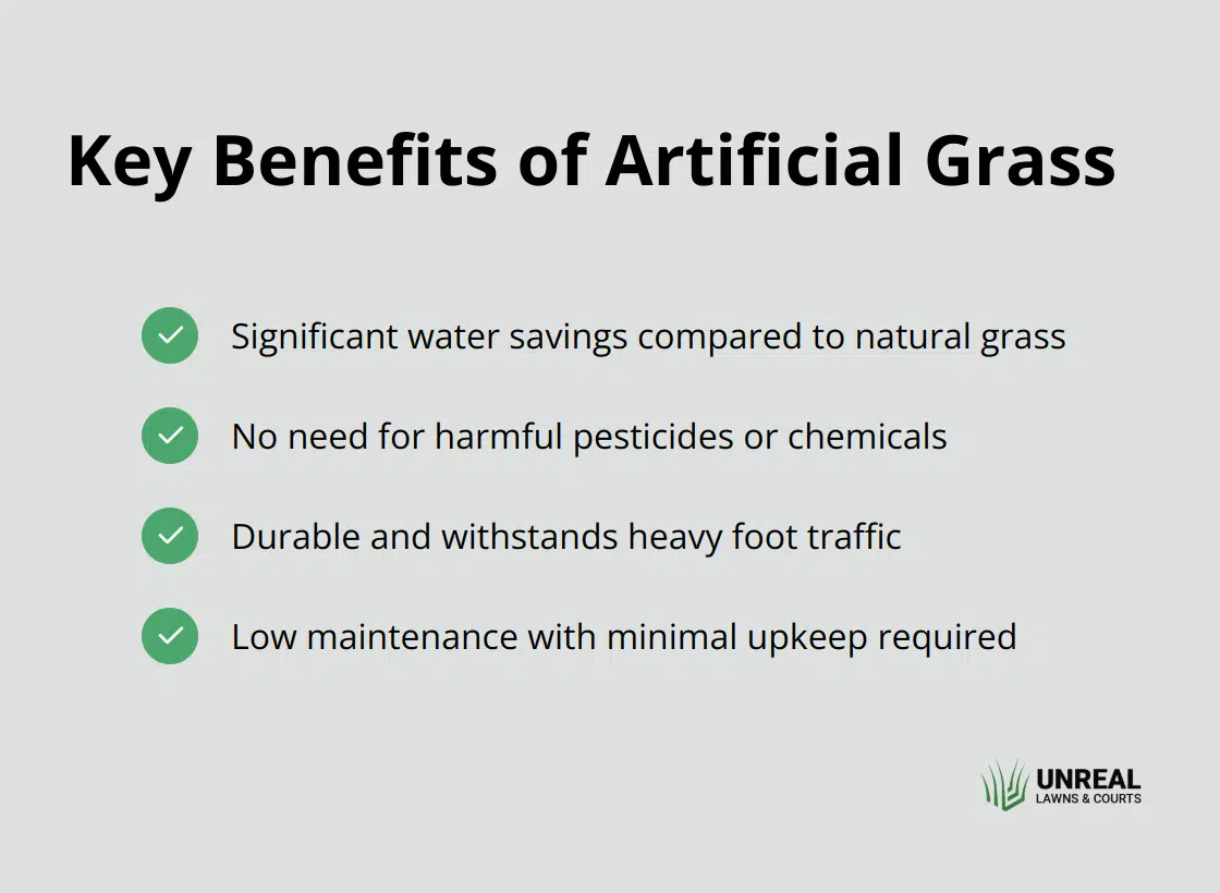 Drought resistant grass Checklist of artificial grass benefits including water savings, chemical-free, durability, and low maintenance - drought resistant grass