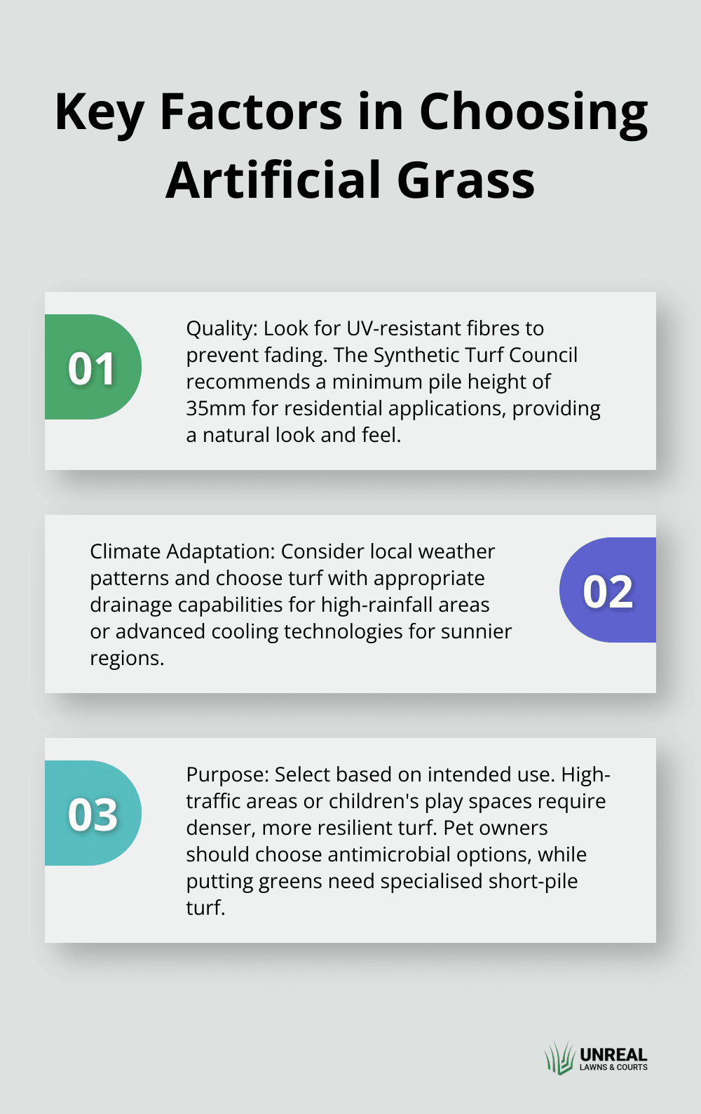An ordered list chart displaying three key factors to consider when choosing artificial grass: quality, climate adaptation, and purpose. - fake grass