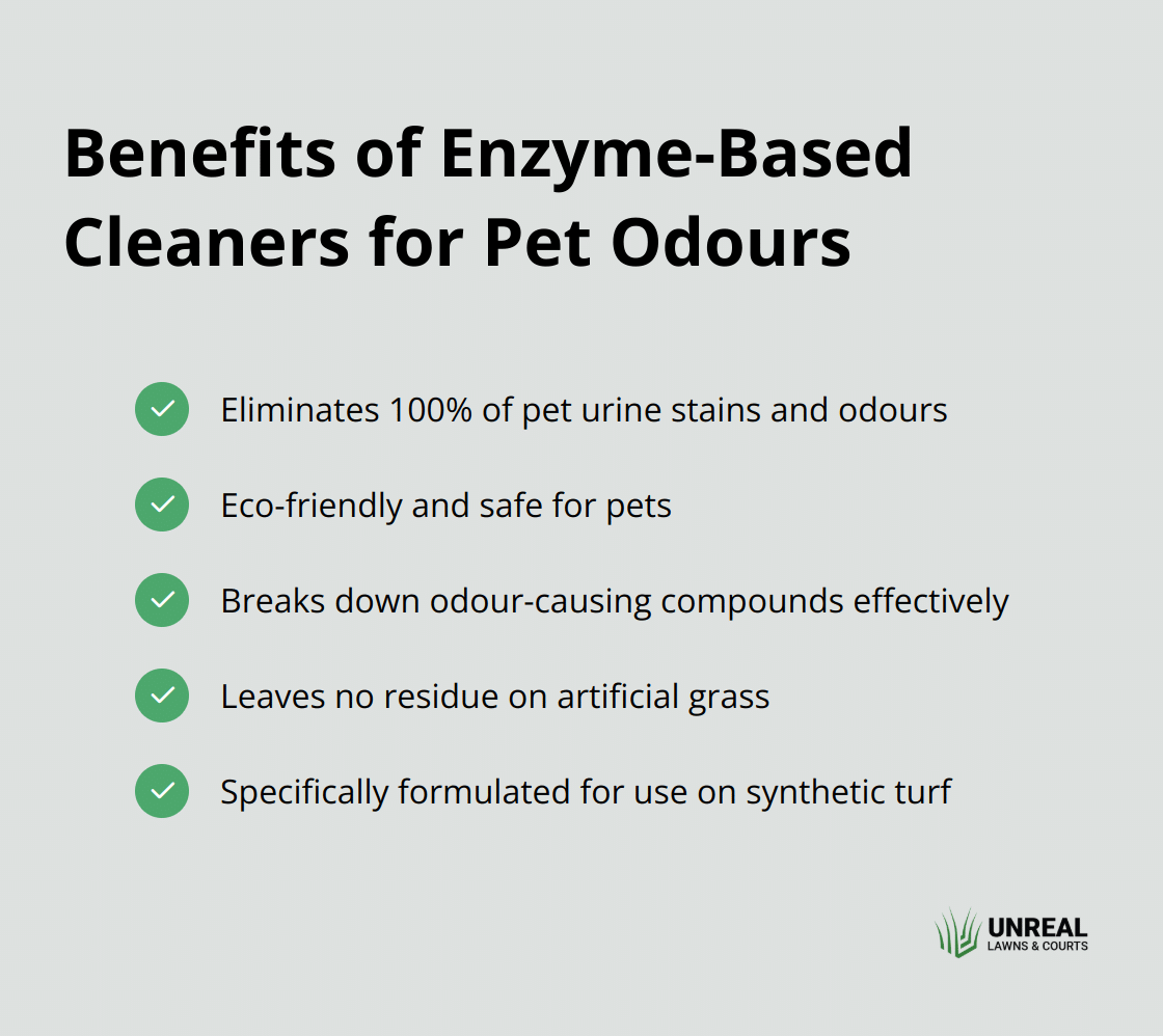Checkmark list showing the benefits of enzyme-based cleaners for eliminating pet odours on artificial grass - fake grass maintenance