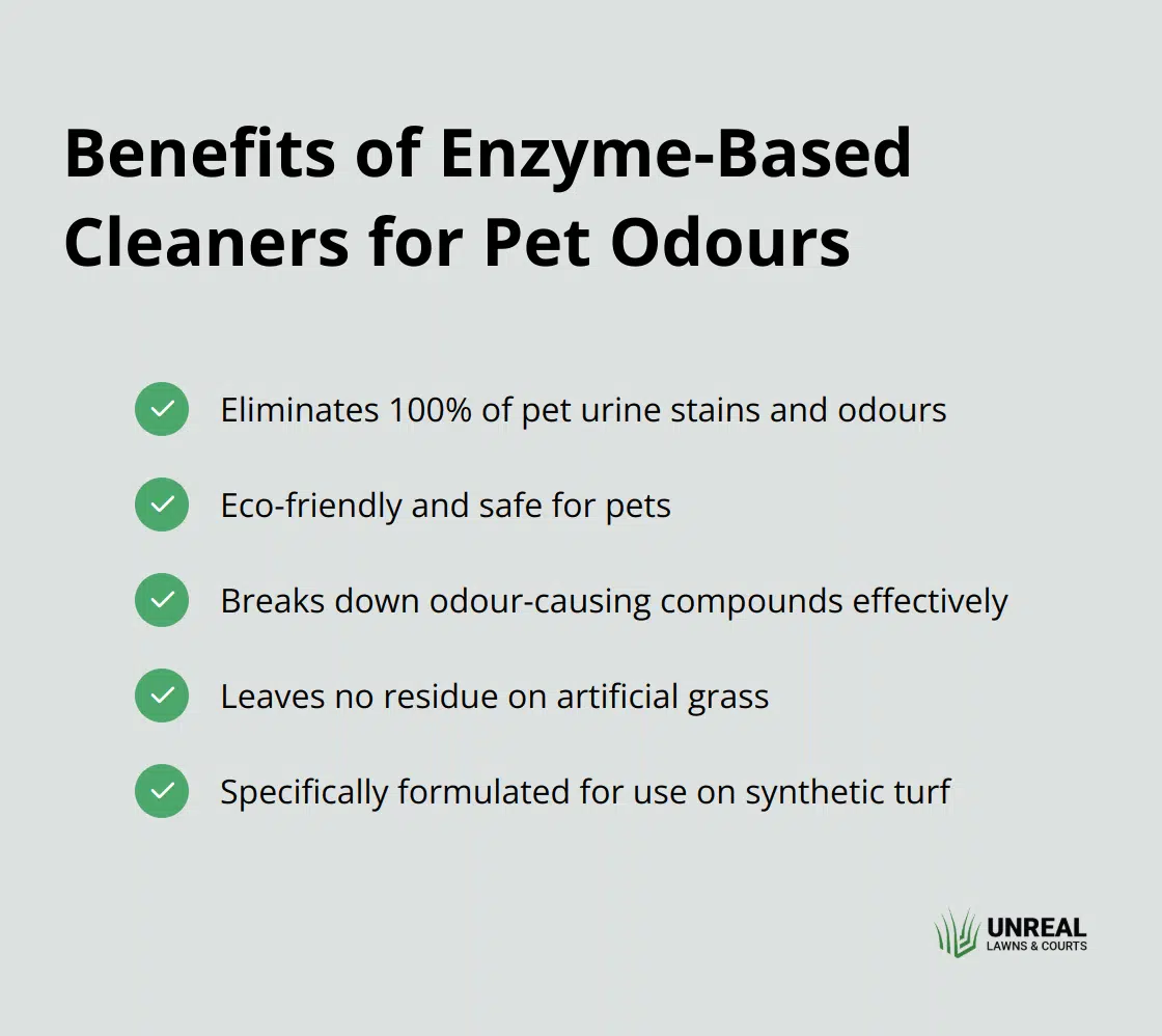 pet odours Checkmark list showing the benefits of enzyme-based cleaners for eliminating pet odours on artificial grass - fake grass maintenance