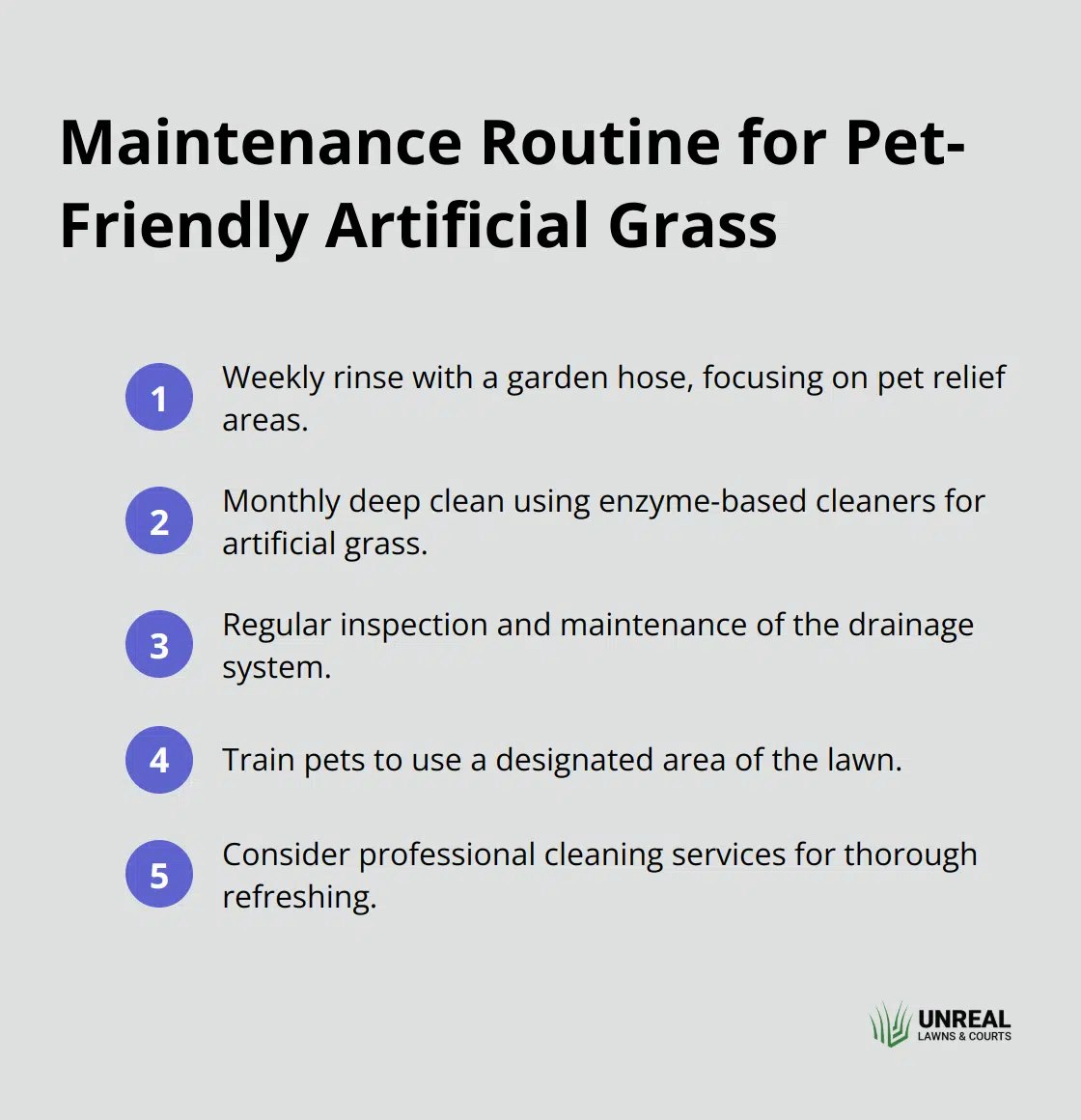 Artificial Turf Maintenance For Pets A compact ordered list chart outlining five key steps in the maintenance routine for pet-friendly artificial grass. - how to clean artificial grass pet urine