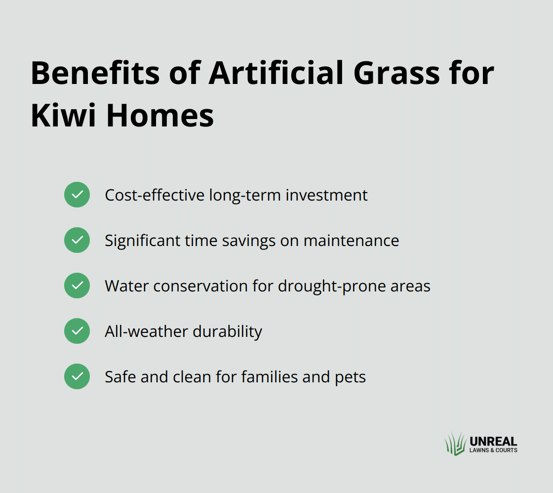 Checkmark list showing five key benefits of artificial grass for New Zealand homes: cost-effective long-term investment, time savings on maintenance, water conservation, all-weather durability, and safety for families and pets - lawn alternative