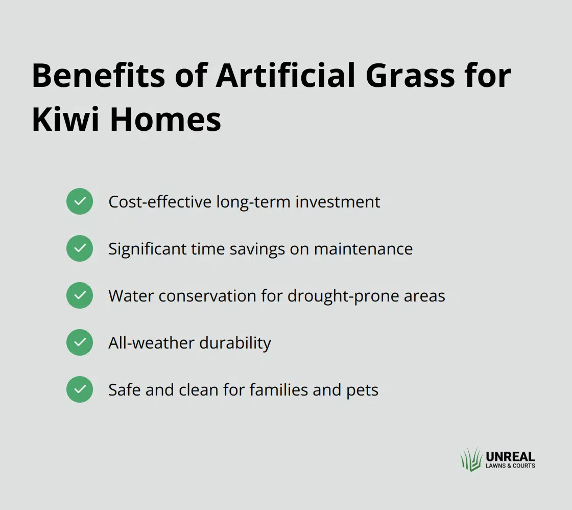 lawn alternative for fake grass Checkmark list showing five key benefits of artificial grass for New Zealand homes: cost-effective long-term investment, time savings on maintenance, water conservation, all-weather durability, and safety for families and pets - lawn alternative