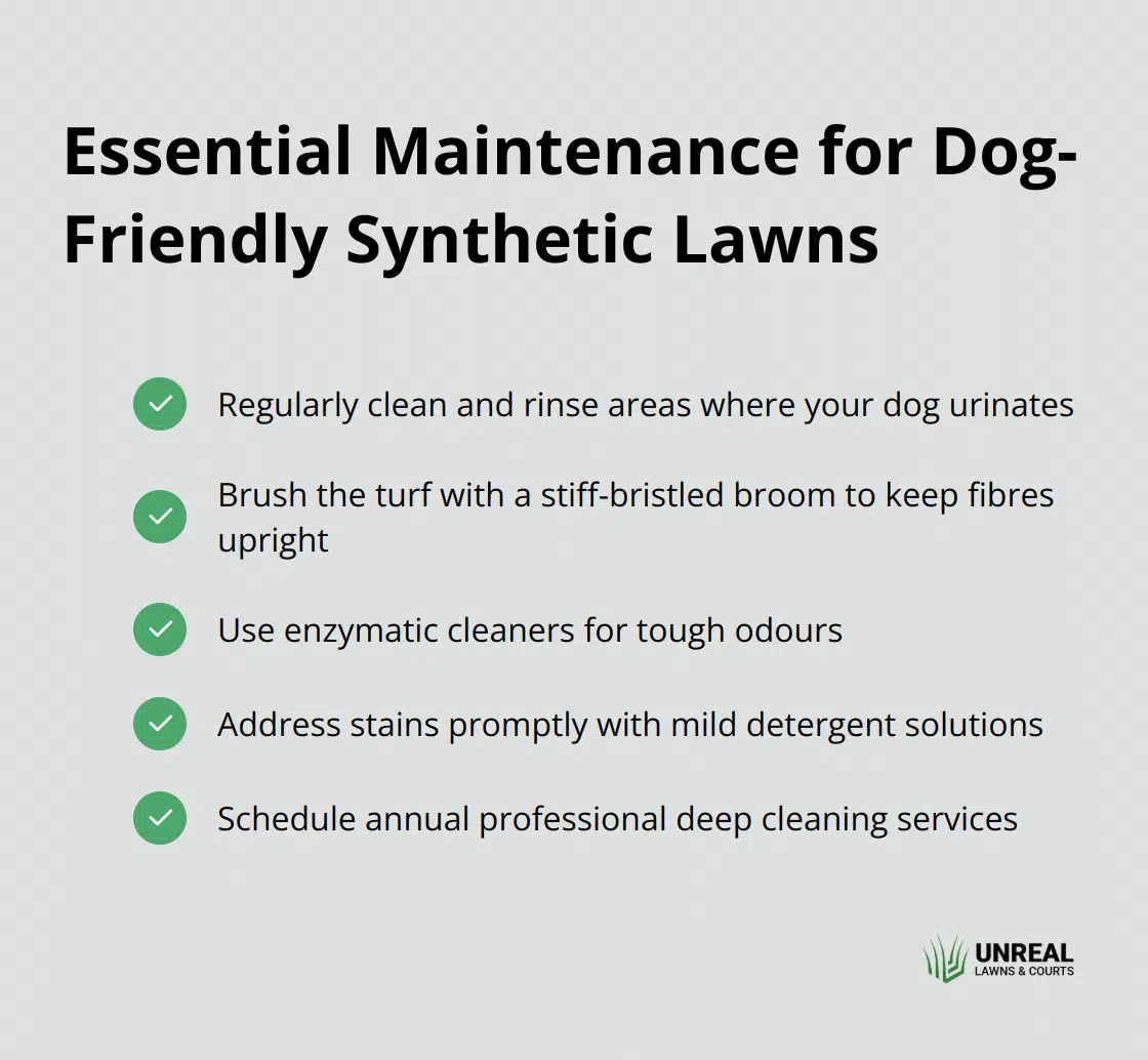 Maintenance for dog turf A checkmark list chart showing five essential maintenance tasks for a dog-friendly synthetic lawn: Regular cleaning, Brushing, Odour control, Stain removal, and Professional deep cleaning.