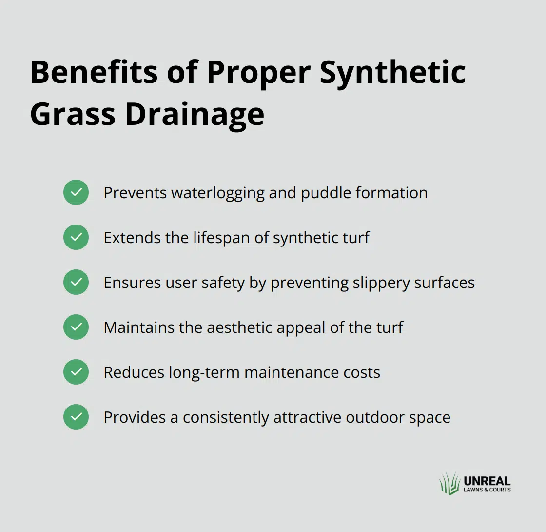 Synthetic Turf Drainage Checkmark list showing six benefits of proper synthetic grass drainage: prevents waterlogging, extends turf lifespan, ensures user safety, maintains aesthetic appeal, reduces maintenance costs, and provides a consistently attractive outdoor space.