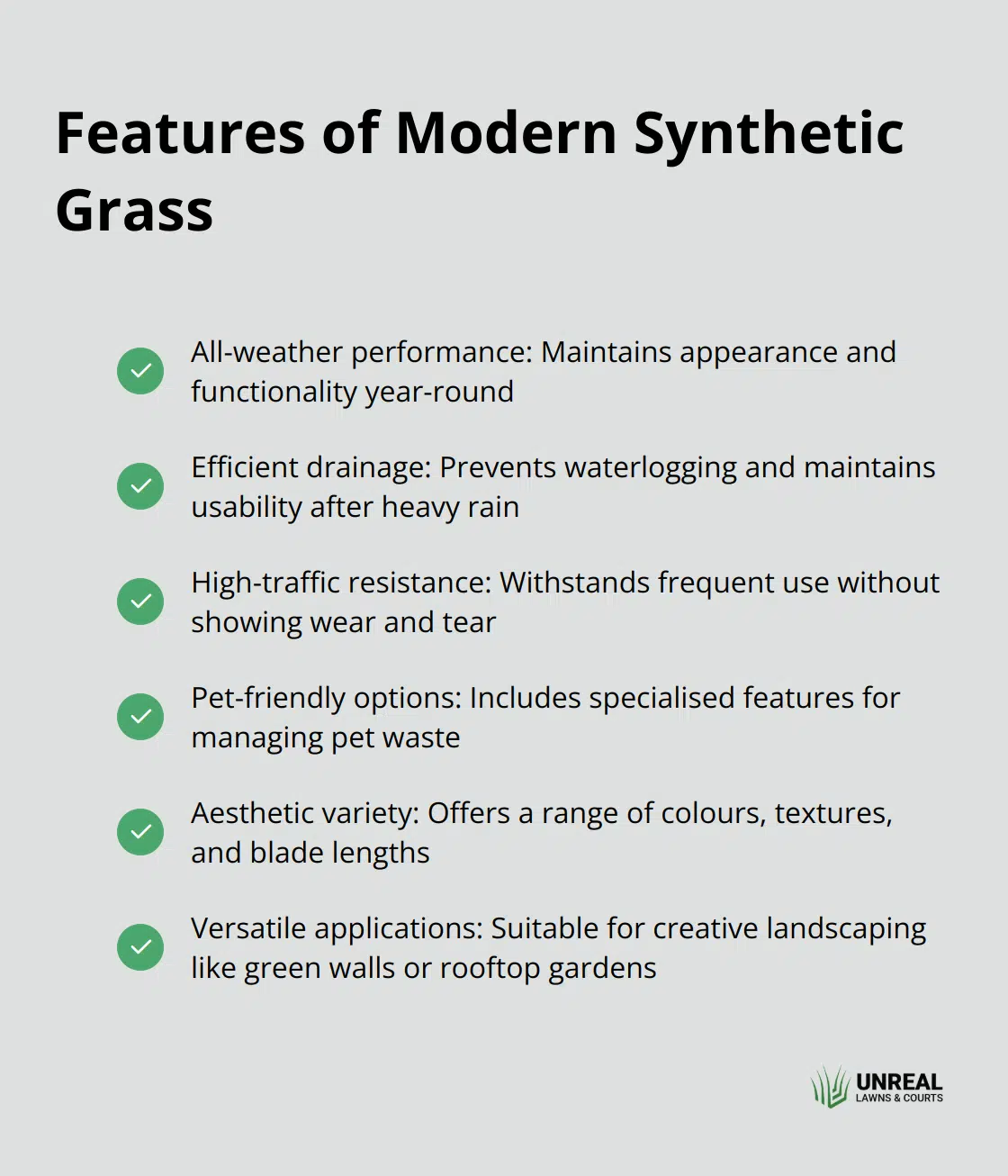 Moden Synthetic Grass Checkmark list showing key features of modern synthetic grass