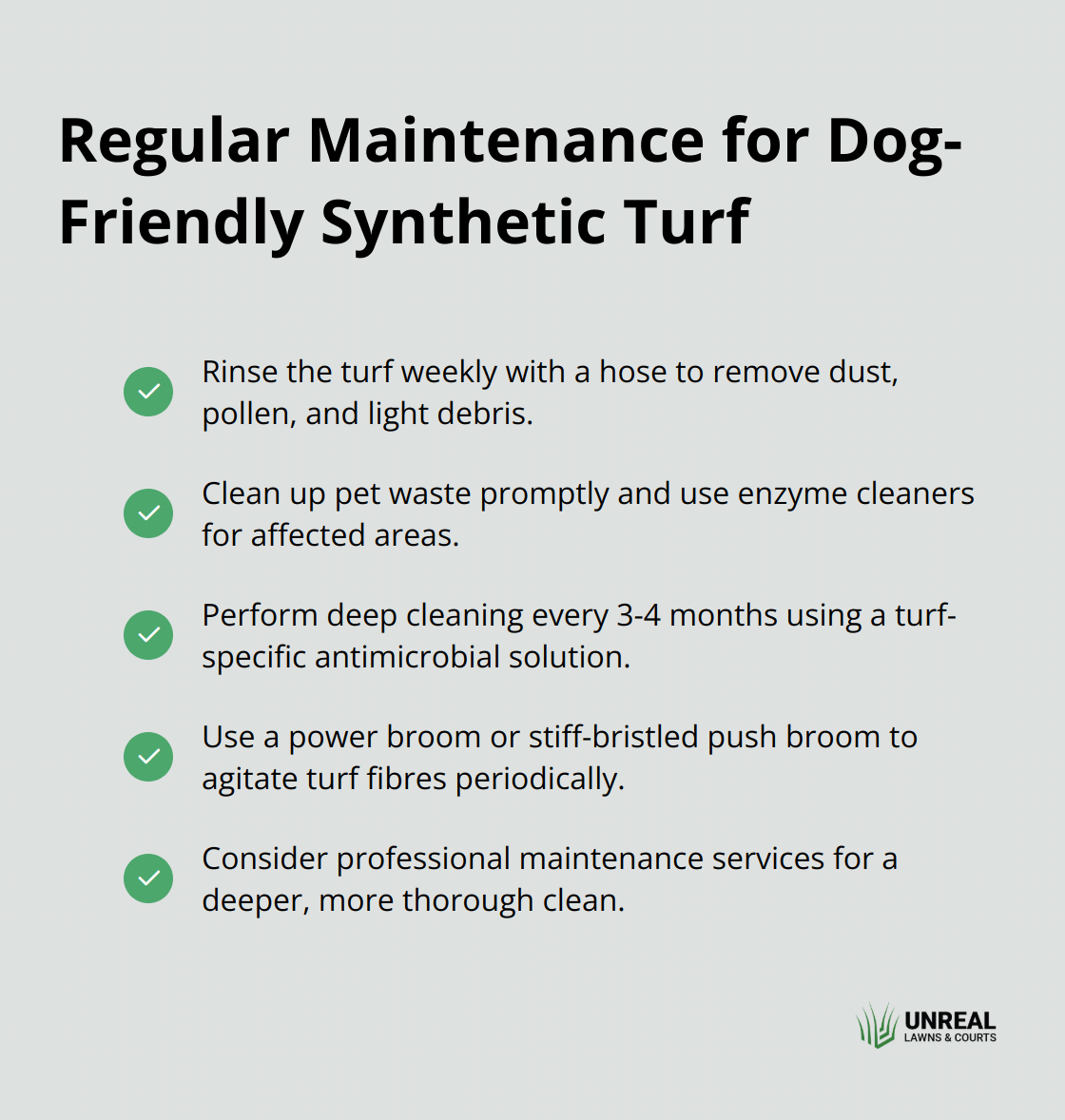 A checkmark list chart showing regular maintenance tasks for dog-friendly synthetic turf, including weekly rinsing, prompt waste cleanup, periodic deep cleaning, and professional maintenance.