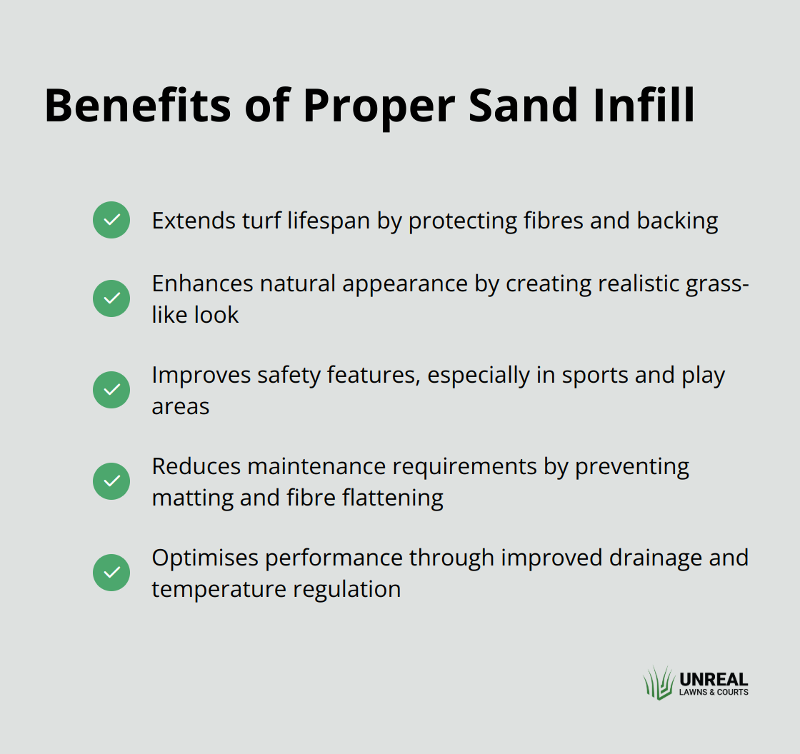 Checkmark list showing benefits of using the right sand in artificial lawns - synthetic turf sand