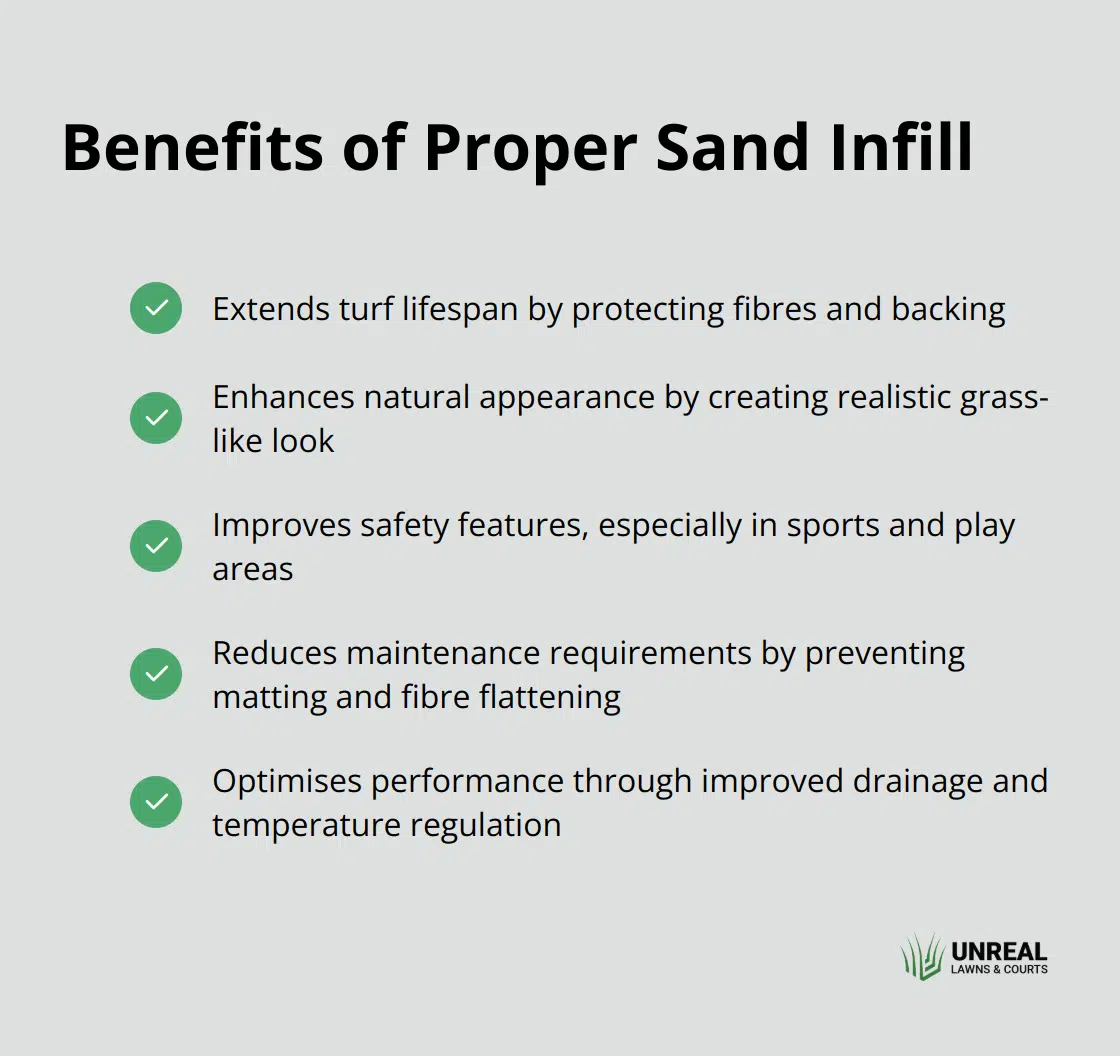 Checkmark list showing benefits of using the right sand in artificial lawns - synthetic turf sand