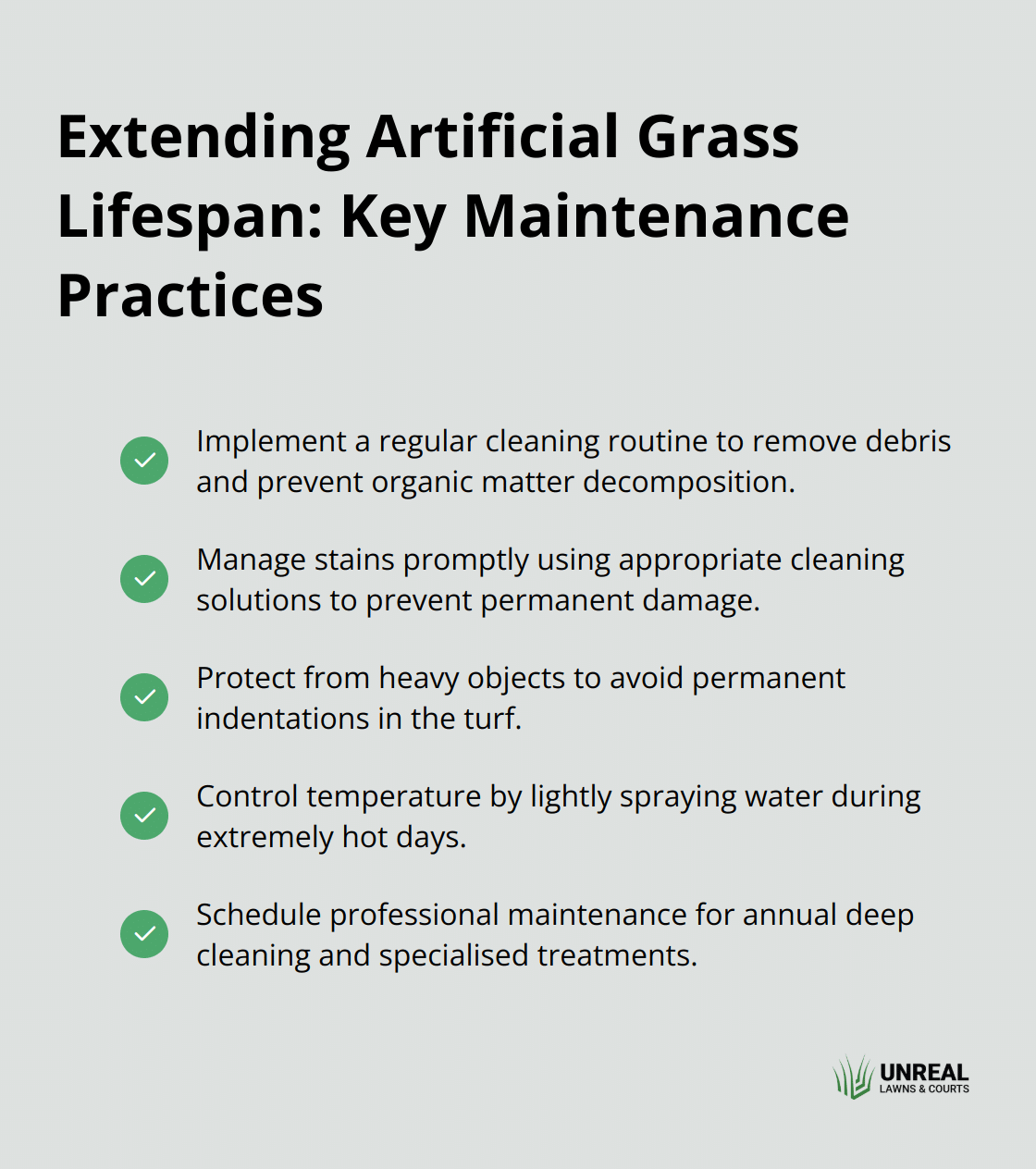 Checkmark list of maintenance practices to extend the lifespan of artificial grass - turf lifespan