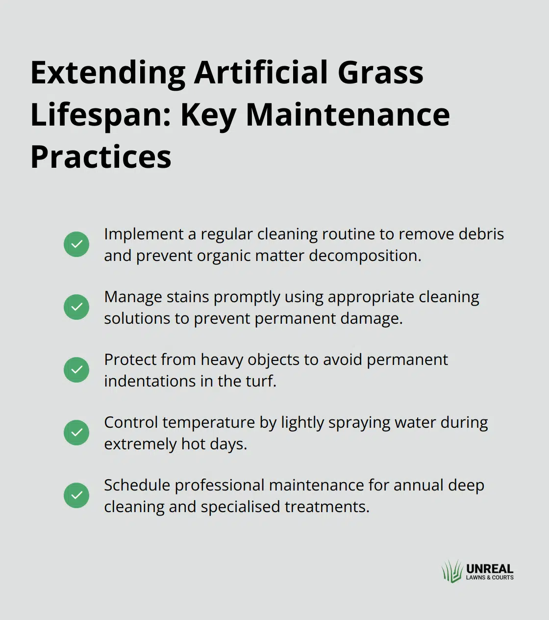 turf lifespan maintenance Checkmark list of maintenance practices to extend the lifespan of artificial grass - turf lifespan