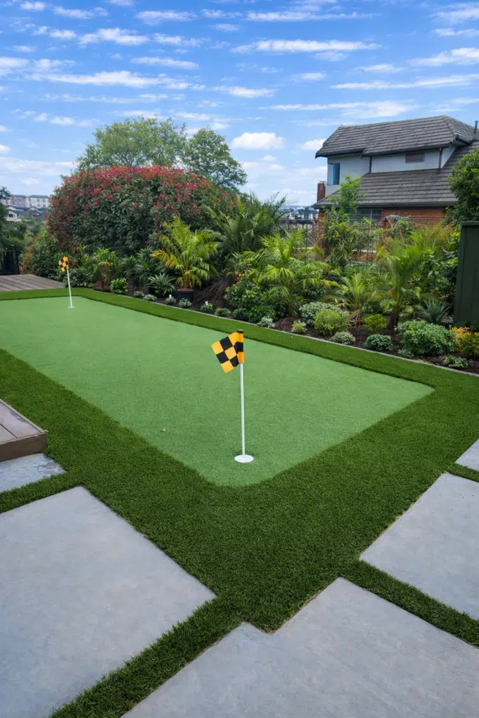 Modern Tropical Backyard Putting Green – Unreal Lawns & Courts Hamilton synthetic putting green with premium artificial turf