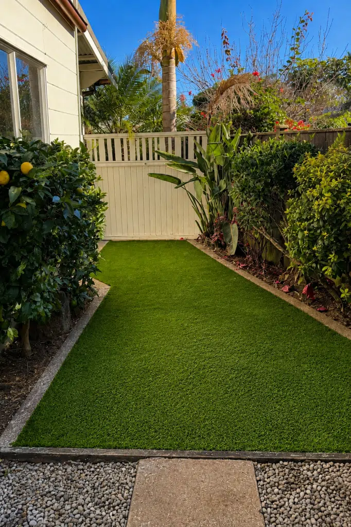 Sunny garden path with tropical plant Image Jun 7, 2026, 01_58_32 PM Groomed lawn