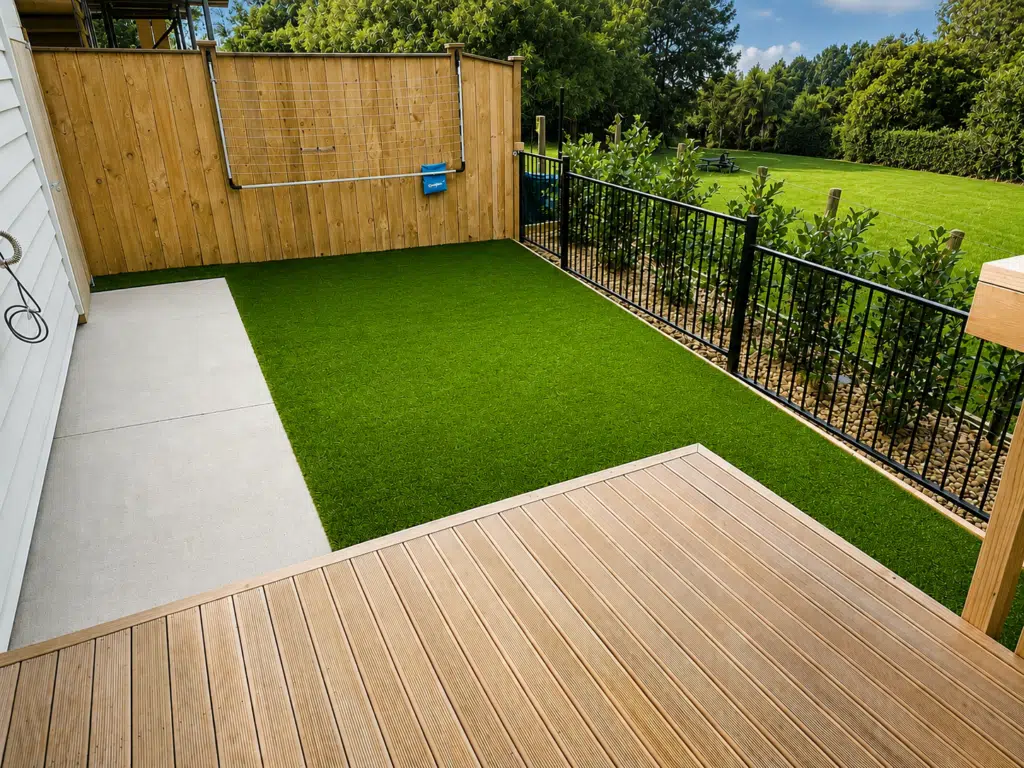 Sunny backyard with wooden deck view Jul 21, 2026, 09_00_46 AM Sunny-backyard with Cool Turf 5-in-1 Technology